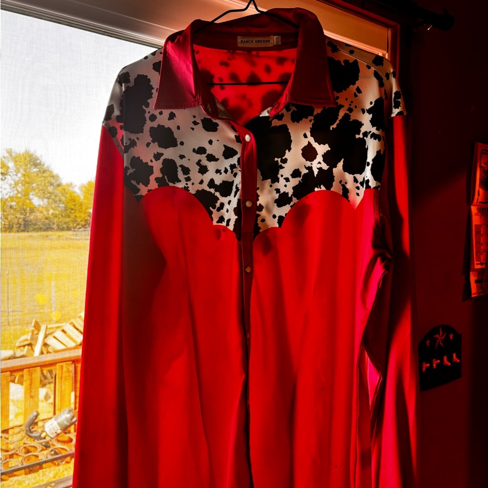 Pink with cow print rodeo button down shirt